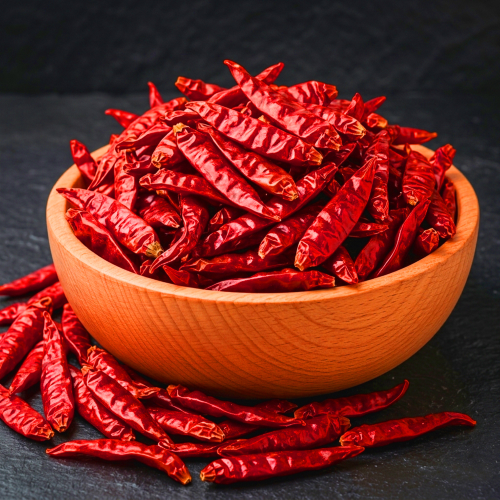 Organic red chillies in wooden bowl